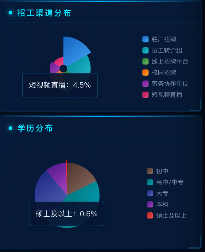 统记云管理系统数据大屏的招聘渠道与学历分析区块
